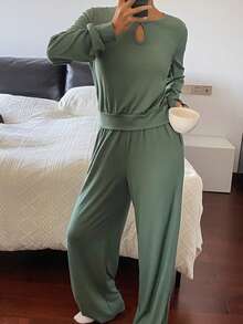 DAZY Minimalist Hollow Collar Knit Women Loungewear Set, Gray-Green - Green - View 3