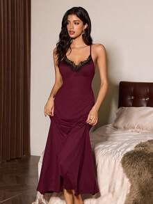 Slumberist Women's Sexy Lace Patchwork Backless Hollow Out Camisole Nightgown Sexy Nightgown Long Night Dress Long Lingerie Dress Spaghetti Strap Nightgown Lace Night Gown - Purple - View 7