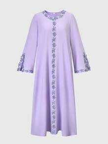 Teen Girl Floral Print Crew Neck Split Sleeve Elegant Dress - Purple - View 8