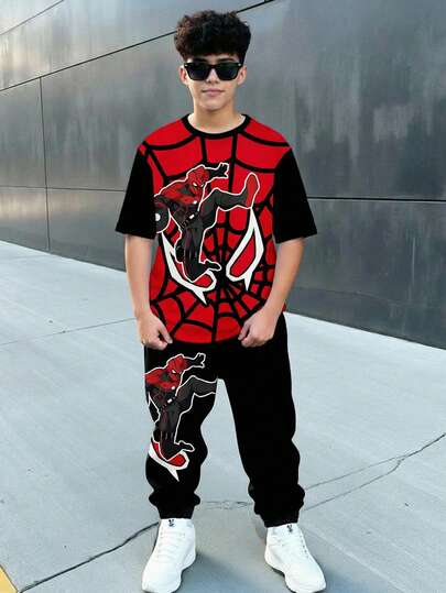 Set de 2 piezas de camiseta de manga corta y pantalones holgados y cómodos con estampado de araña y bloques de color minimalista y clásico para niño preadolescente, adecuado para primavera/verano