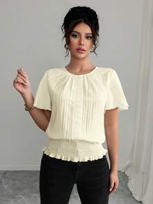 Selianne PETITE Teksturowana, falbaniasta, dekoracyjna bluzka damska z elastyczną talią, swobodna, minimalistyczna i elegancka na święta/afrykańskie sukienki dla kobiet/bandaż/4 lipca/elegancki, swobodny styl/jesień, Halloween, powrót do domu, powrót do szkoły/skromny - Morela - Zobacz 6