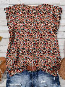 EMERY ROSE 休闲简约度假波西米亚风优雅浪漫复古碎花图案女式V领纽扣荷叶袖衬衫 - 彩色 - 查看 2