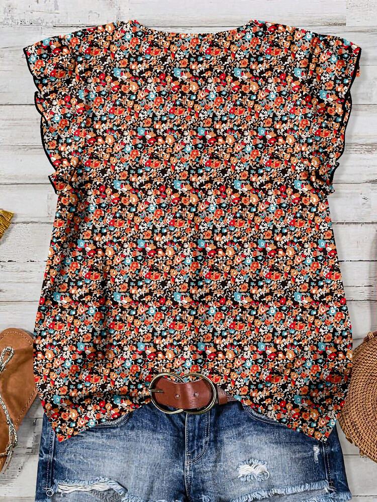 EMERY ROSE Blouse d'été femme bohème élégante rétro à motif floral mignon, col en V, manches à volants, pour la plage, les vacances et les sorties d'été - Multicolore - Voir 2