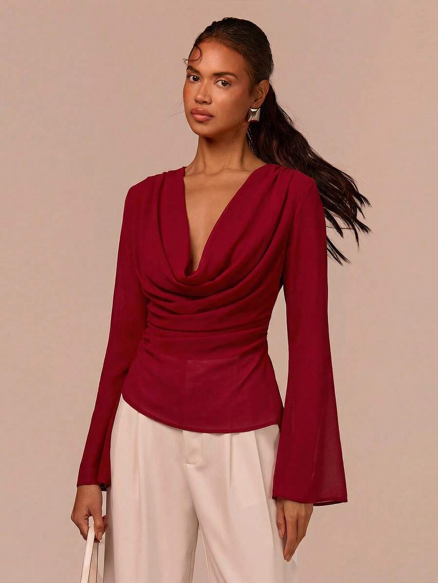 COSMINA Women's Elegant Cowl Neck Flare Sleeve Chiffon Blouse,Burgundy Ruched Top For Autumn Dinner Date,Asymmetric Hem Lightweight Casual Outing - Burgundy - View 1