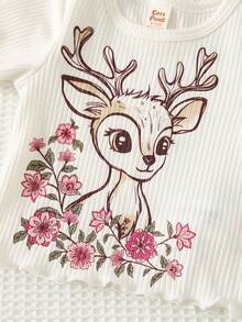 Cozy Pixies 2件套女婴卡通动物印花针织柔软圆领短袖上衣和松紧腰裤套装 - 白色 - 查看 4