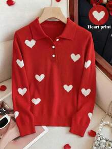 Chiquease Back-To-School Red And White Heart-Shaped Jacquard Pullover Sweater,Cute Autumn Long-Sleeved Round Neck Fitted Design For School,Parties & Weddings - Red and White - View 3