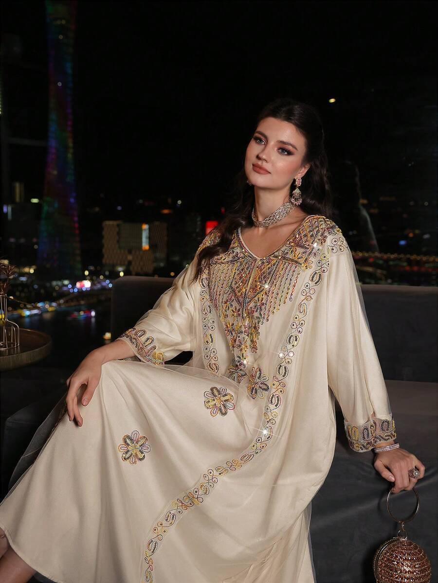 Al Najma Đầm cánh dơi cổ chữ V đính cườm, ren hoa sang trọng, thanh lịch, thích hợp cho mùa xuân/hè.