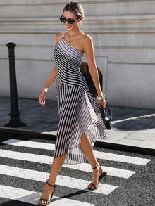 Almamuse New Fashionable Printed Chiffon Asymmetrical Strap Dress - Multicolor - View 6