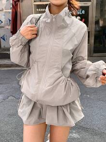 Livesso 女士宽松高领插肩袖休闲户外外套，春季 - 灰色 - 查看 6