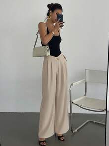 DAZY 女士高腰休闲宽松裤，带口袋 - 卡其色 - 查看 3