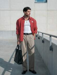 Manfinity VCAY Áo sơ mi dài tay kẻ caro nam kiểu dáng thường ngày, mùa thu - Đỏ - Xem 5