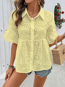 Breezaya Embroidered Shirt, Open Front Shirt, Embroidered Placket Shirt, Casual Shirt - Yellow - View 3