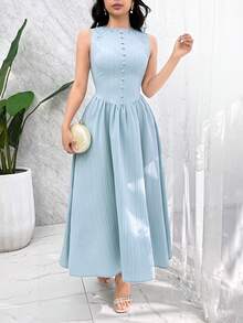Modelyn Vestido sin mangas de unicolor y estilo minimalista para mujer, uso casual diario - Azul - Ver 5