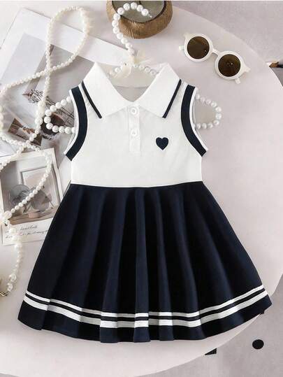 SHEIN 女婴夏季休闲撞色无袖学院风连衣裙