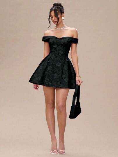 Glamine Vestido de mujer estilo palacio vintage con hombros descubiertos y jacquard, vestido de verano, vestido de dama de honor, adecuado para conciertos, elegante, vacaciones, citas románticas, ceremonia de graduación