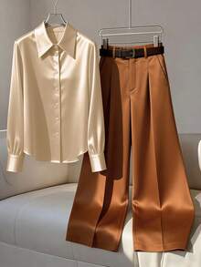 Franclia 女士优雅休闲长袖衬衫和裤子两件套 - 杏色 - 查看 4