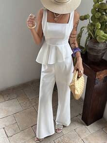 DAZY 2pcs/Set Women's Square Neck White Elegant Wedding Guest Ruffle Hem Top And Casual Pants - White - View 5