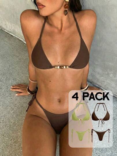 Aloruh 2pcs Women's Sexy Elegant Vintage Brown & Green Mini Triangle Cup Halter Tie Bikini Swimsuit Set, Suitable For Spring/Summer Vacation, St. Patrick's Day Swimwear