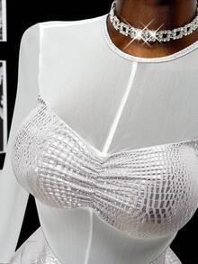 BamGleam Crew Neck Sheer Long Sleeve Patchwork Hollow Out Bodycon Ruched Mini Sexy Clubwear Dress - Silver - View 4