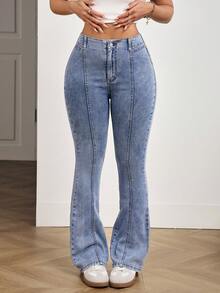 SHEIN PETITE 女士口袋纽扣休闲百搭日常喇叭牛仔裤 - 藍色 - 查看 4