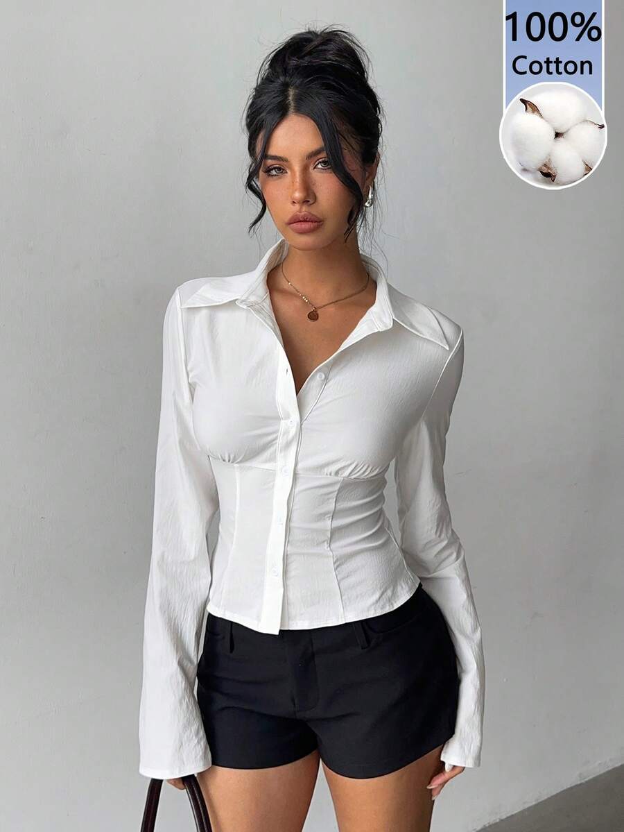Aloruh 100%纯棉女士优雅百搭白色褶裥长袖衬衫——通勤、日常穿着、约会、正式场合、度假、办公室、工作、婚礼宾客、春夏皆宜 - 彩色 - 查看 1