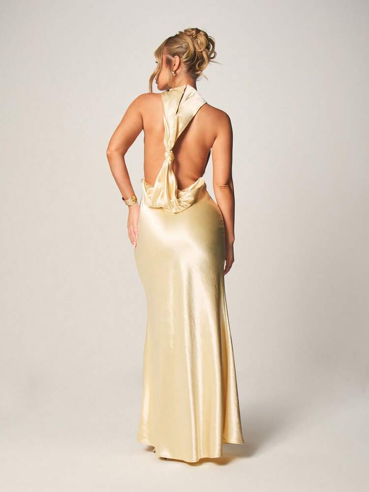 MISSGUIDED Champagne Satin Halter Neck Backless Draped Evening Maxi Dress Floor Length Formal Gown Special Occasion Wedding Guest Elegant Party