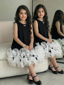 SHEIN Tween Girl Spring/Summer Elegant Glamorous Rhinestone Bow Contrast Color Organza Ruched Exaggerated Ruffle Hem A-Line Tank Dress Princess Dress Flower Girl Dress Wedding Party Dress Black And White KIDS - Black - View 1