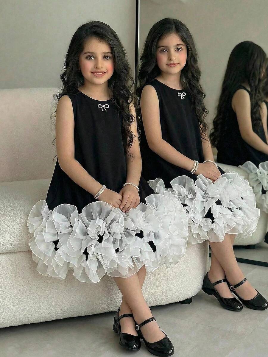 SHEIN Tween Girl Spring/Summer Elegant Glamorous Rhinestone Bow Contrast Color Organza Ruched Exaggerated Ruffle Hem A-Line Tank Dress Princess Dress Flower Girl Dress Wedding Party Dress Black And White KIDS - Black - View 1