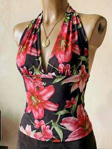 INAWLY Women's Summer Vacation Casual Printed Halter Backless Blouse - Hot Pink - View 4