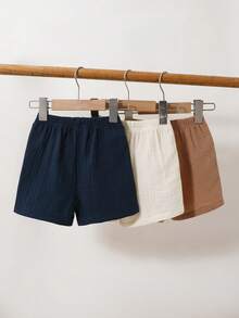SHEIN Vintaside Kids 3入組男嬰休閒短褲 素色皺褶紋理 寬鬆版型 柔軟透氣 多入裝 夏季海灘校園穿搭褲 - 彩色 - 查看 3