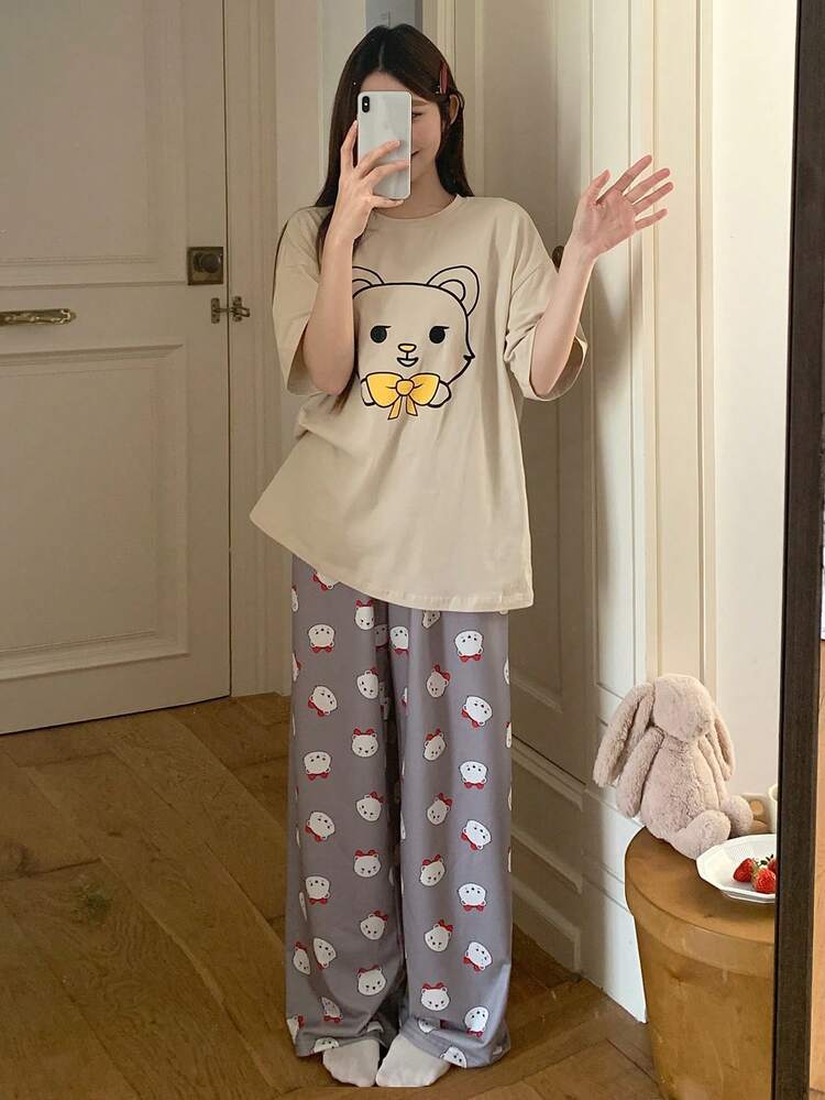2pcs/Set Cute Bear Print Short Sleeve T-Shirt And Pants Women Summer Pajama Set