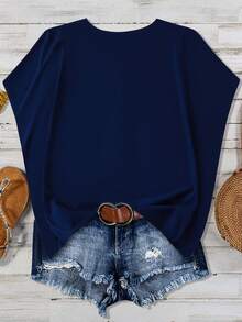 EMERY ROSE Women's Plus Size Navy Blue Summer Boho V-Neck Pearl Button Embroidered Floral Print Loose Raglan Short Sleeve Blouse Top,Vacation Holiday Commuter - Navy Blue - View 2
