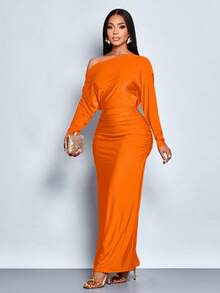 SOLERSUN 女士优雅不对称领口长袖褶皱修身连衣裙，适合圣诞派对、度假和约会 - 橘色 - 查看 3