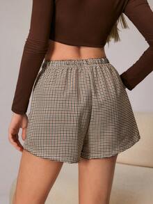 HautHeat Women's Waist Tie Plaid Loose Pajama Shorts - Khaki - View 2