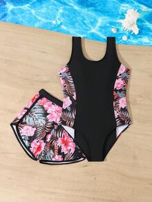 少女连体泳衣，黑色碎花印花，易穿脱，儿童泳衣带运动短裤，两件套时尚休闲优雅，适合游泳、度假、夏季穿着（印花随机） - 黑色 - 查看 5