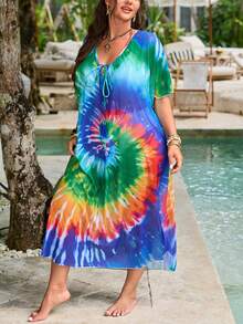 Swim Vcay 大码女式系带领撞色休闲度假沙滩长袖和服衬衫 - 彩色 - 查看 3