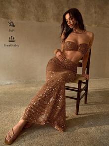 MOTF PREMIUM SEQUIN EMBROIDERED BLING BLING MERMAID HEM BOHEMIAN WOMEN BEACH COVER UP MAXI SKIRT - Brown - View 1