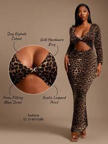 Radiana Plus Size Leopard Print Bodycon Dress With Deep V Neck Cutout And Long Sleeves In Knitted Fabric - Multicolor - View 9