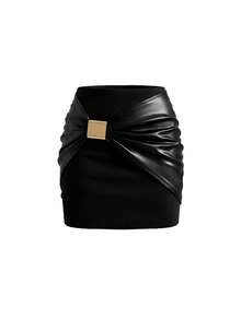 Ellevyn Women's Metal Buckle Patchwork Skirt - Black - View 4