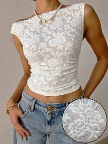 Siren Gaze 优雅女士蕾丝褶皱不对称肩部修身短款上衣 | 2025秋冬新品 | 杏色薄纱蕾丝提花上衣，饰有褶皱细节 | 适合下午茶、日常穿着、通勤、约会和度假 | 秋季衣橱必备单品 - 米色 - 查看 1