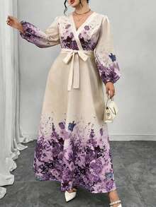 Modelyn Plus Size Women V-Neck Floral Print Twist Waist Elegant Fitted Party Dress - Multicolor - View 4