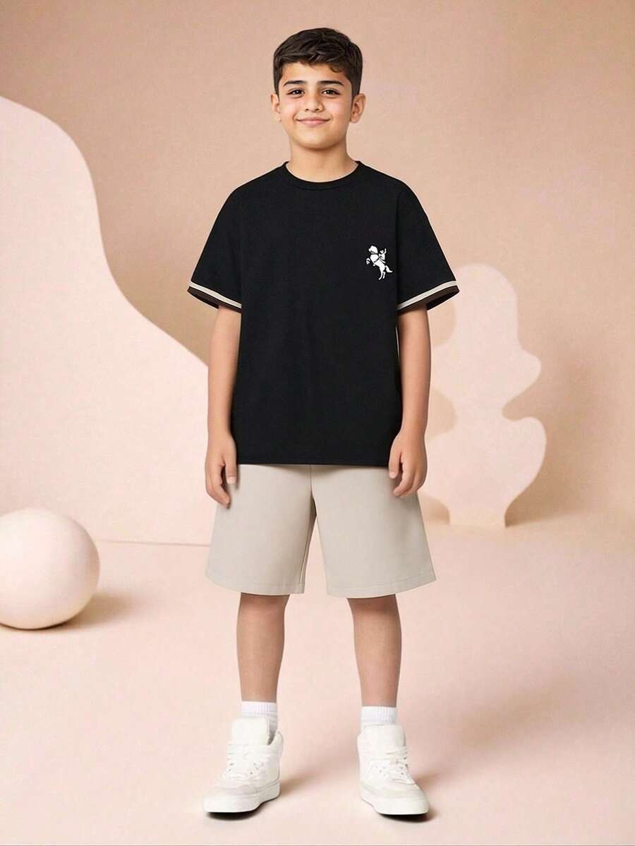 2pcs/Set Setelan Atasan Lengan Pendek dan Celana Pendek Motif Pita untuk Remaja Laki-laki, Cocok untuk Sekolah dan Olahraga