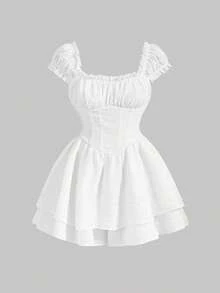 SHEIN MOD Combishort À Manches Bouffantes Et Buste Froncé Pour Femmes De Grande Taille - Blanc - Voir 5