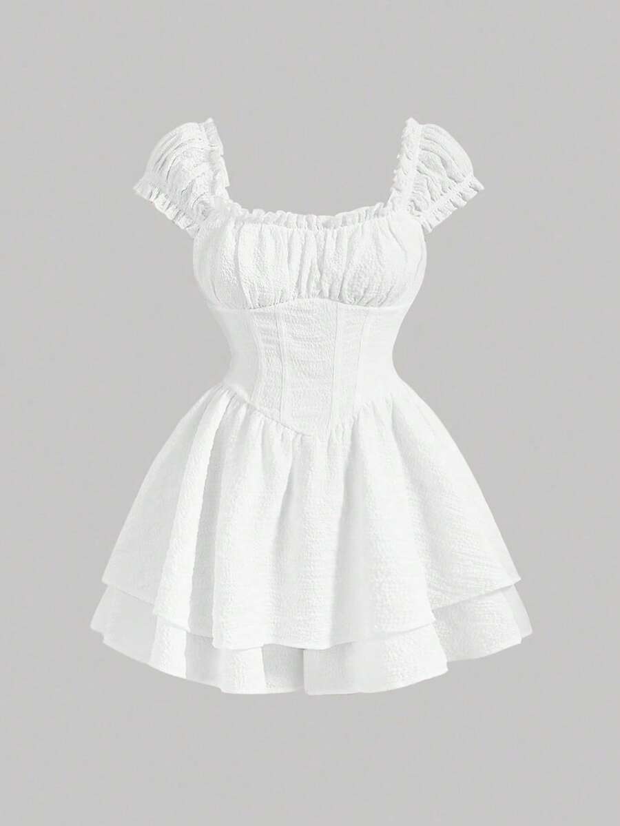 SHEIN MOD Plus Size White Ruched Bust Puff Sleeve Romper Smocked High Waist Ruffle Short Jumpsuit Summer Beach Vacation Party,Spring Break Outfits,Cottagecore - White - View 1