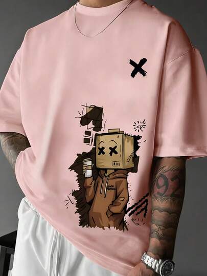 Manfinity Dauomo Erkekler için Çizgi Film Baskılı Yuvarlak Yaka Bol Kesim Kısa Kollu Tişört