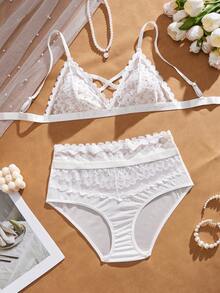 两件套蕾丝拼接镂空深V领性感女士内衣套装 - 白色 - 查看 3