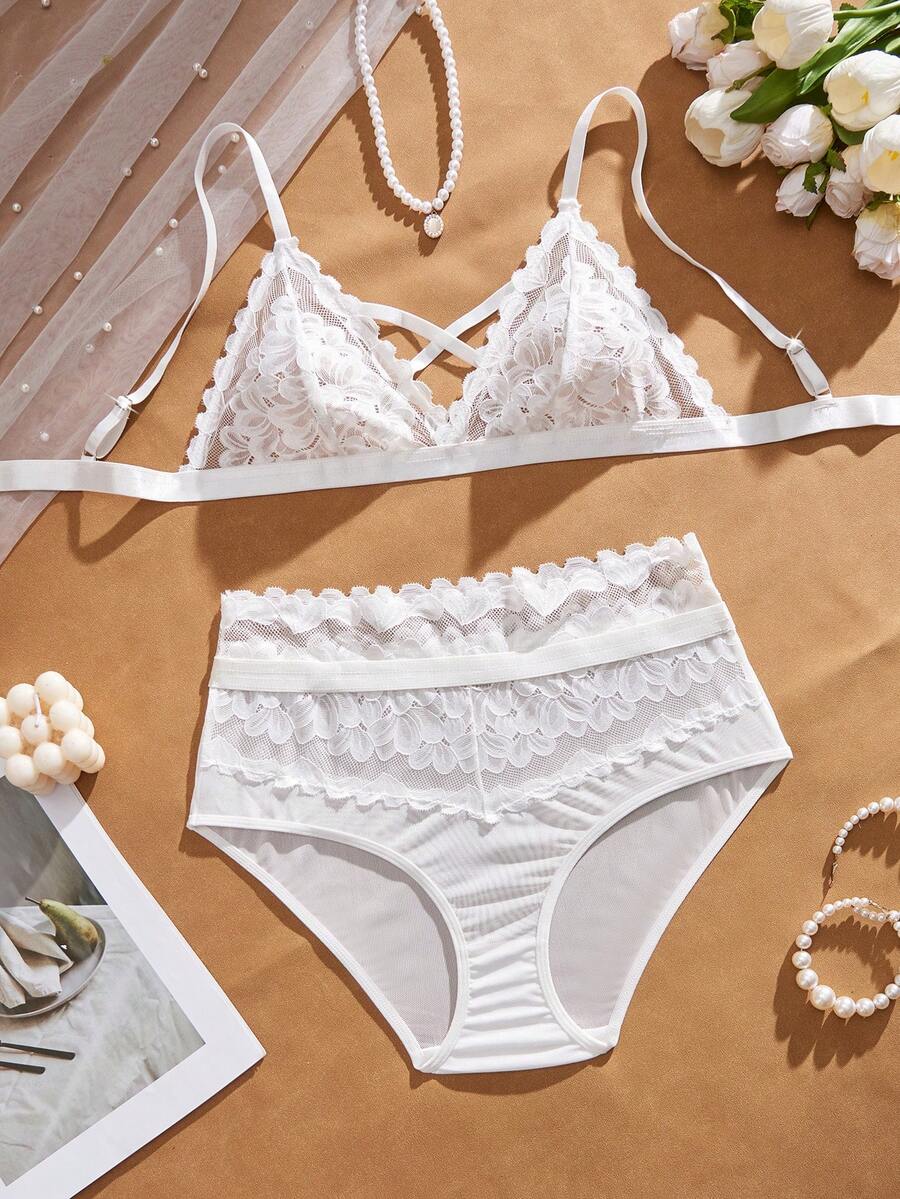 两件套蕾丝拼接镂空深V领性感女士内衣套装 - 白色 - 查看 1