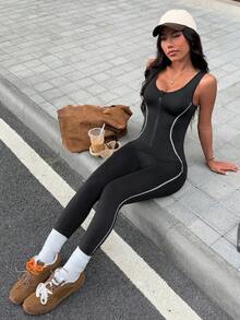 Dewbera Women's V-Neck Zipper Front Contrast Stripe Splicing Backless Jumpsuit, Suitable For Daily Casual Wear, Running, Yoga, Gym, Tennis, Golf, Spring/Autumn - Black - View 5
