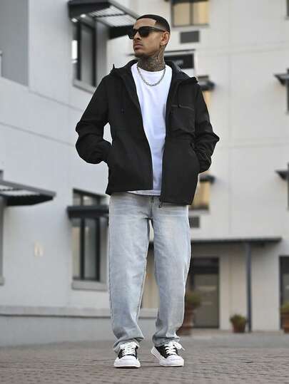 Devon Thys Men's Long Sleeve Hooded Drawstring Soft Shell Wind & Water Resistant Jacket, Sports Casual With Front Large Pocket, Side Zipper Pockets, Suitable For Daily Wear, Popular Model, For Fall