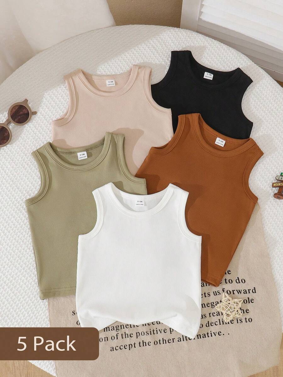 SHEIN 5 pièces/set Débardeurs tricotés multicolores décontractés, convenant comme couche, pour les sorties, les tenues décontractées, les voyages, adapté aux bébés garçons de 6 mois à 3 ans - Multicolore - Voir 1